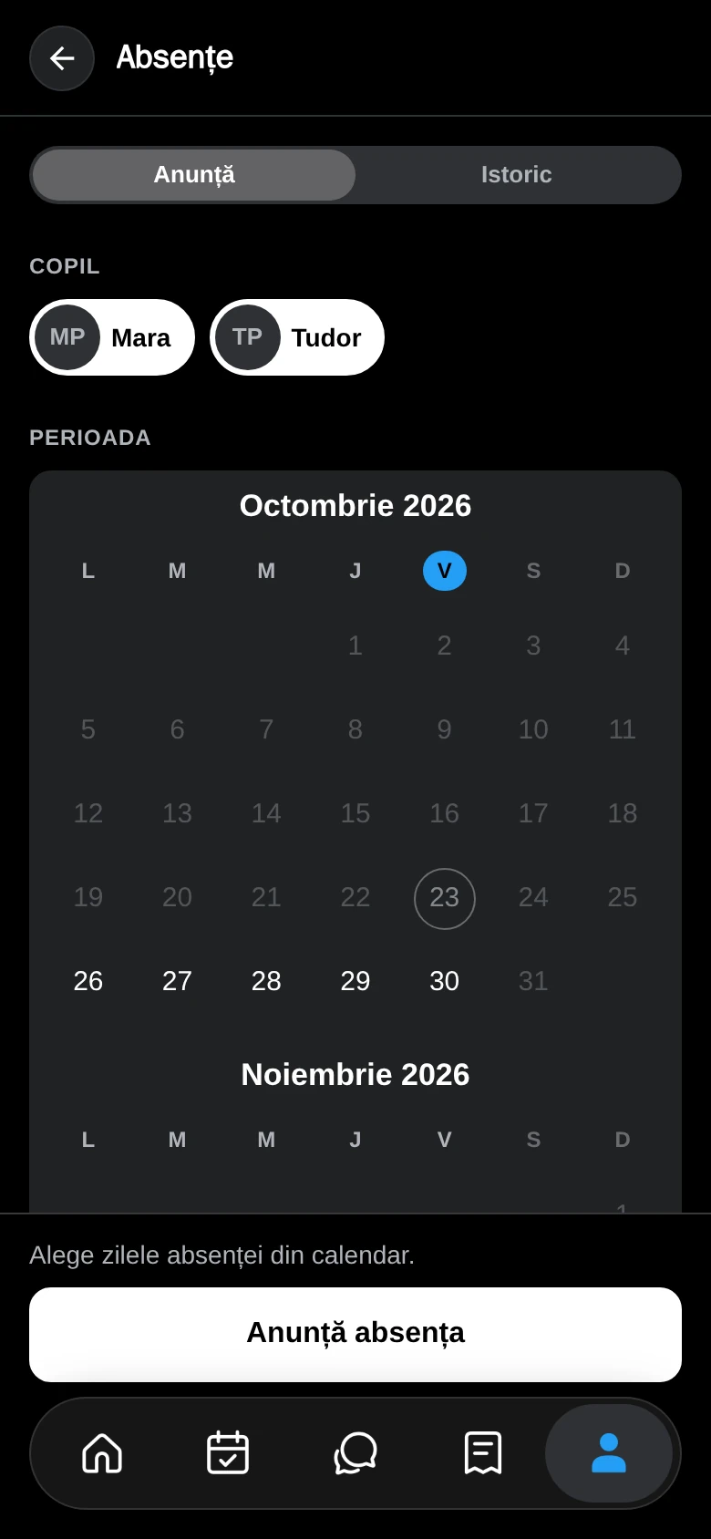 Formularul de absență, cu calendarul, motivul și dovada