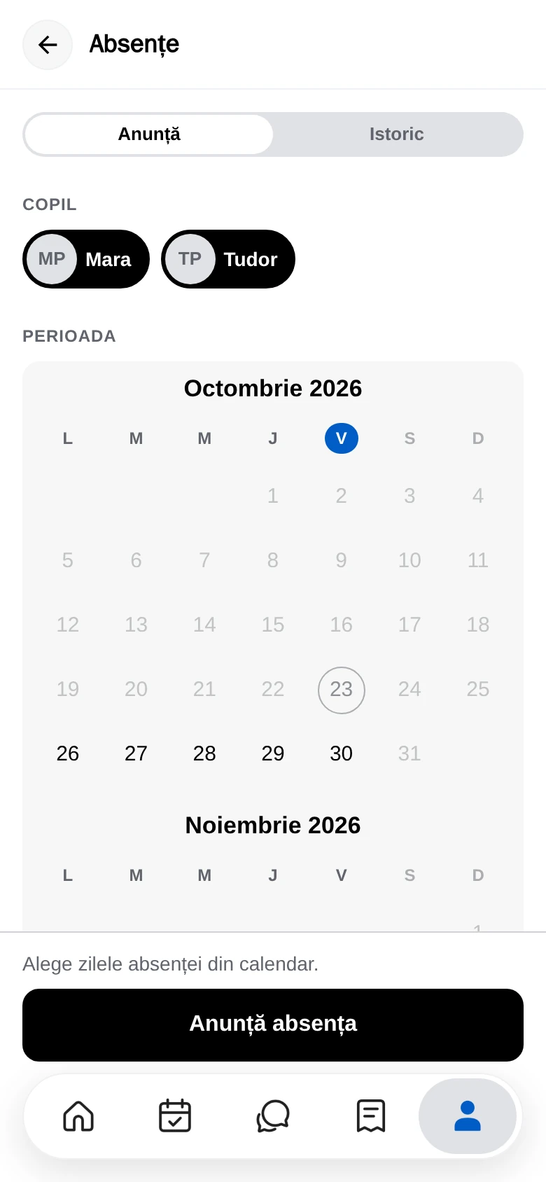Formularul de absență, cu calendarul, motivul și dovada