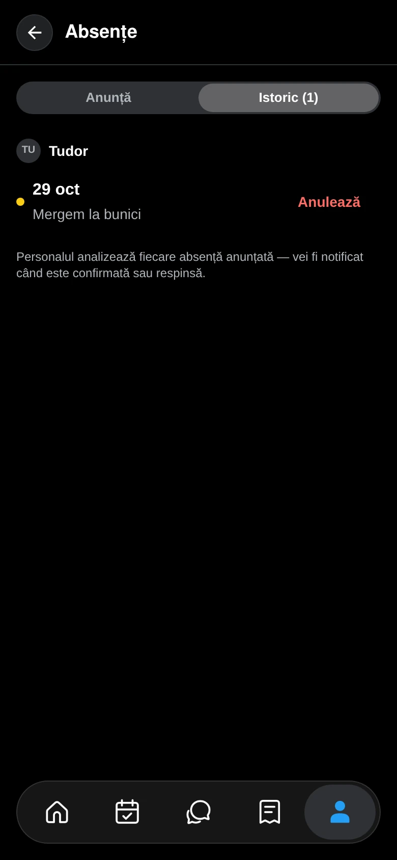 Istoricul absențelor anunțate, cu statusul fiecăreia