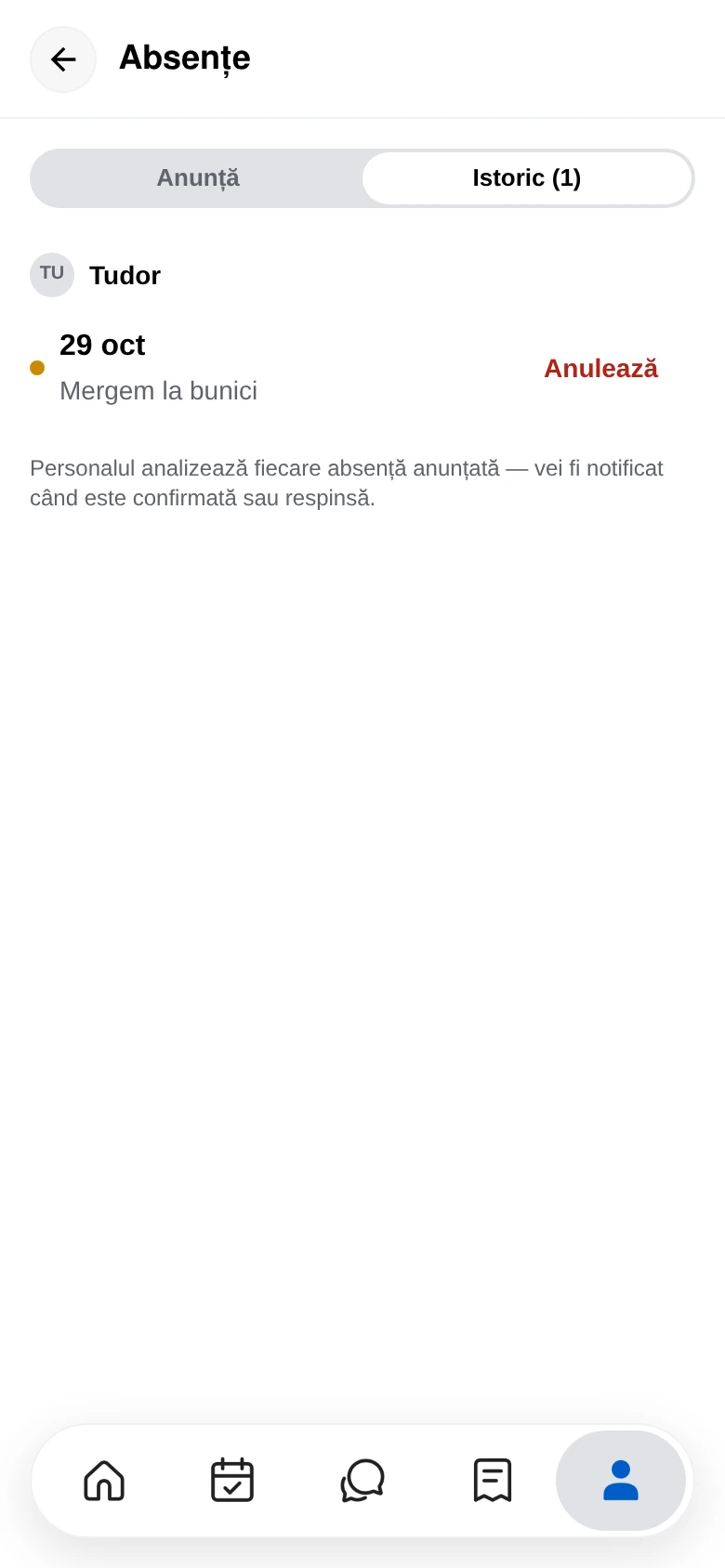 Istoricul absențelor anunțate, cu statusul fiecăreia