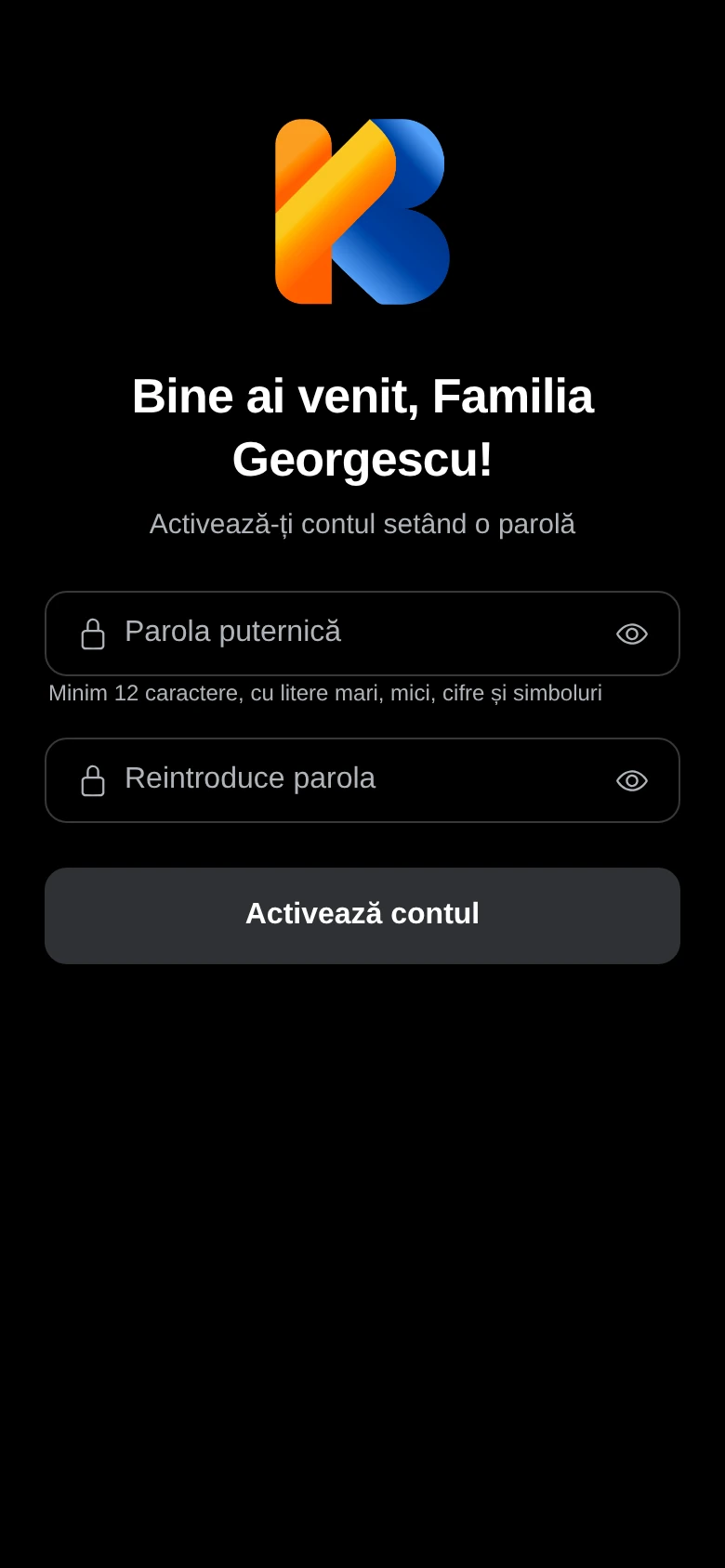 Ecranul de activare a contului, cu cele două câmpuri pentru parolă