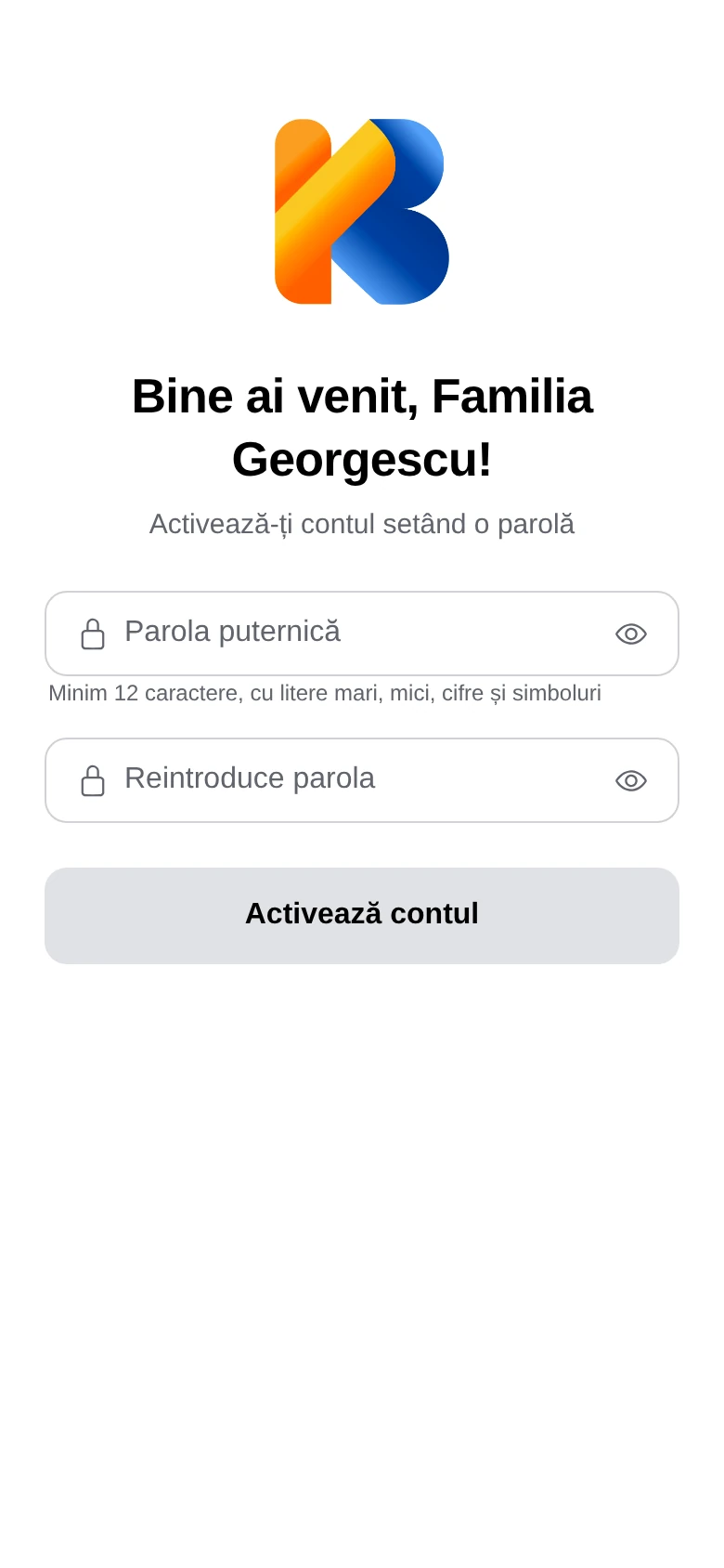 Ecranul de activare a contului, cu cele două câmpuri pentru parolă