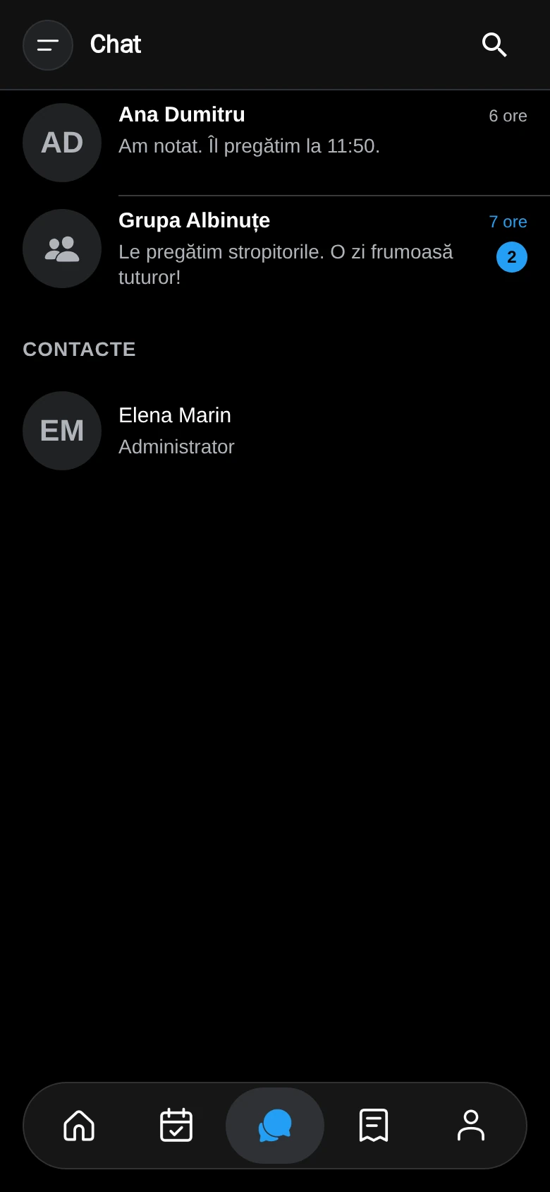 Lista de conversații, cu persoanele cărora le poți scrie