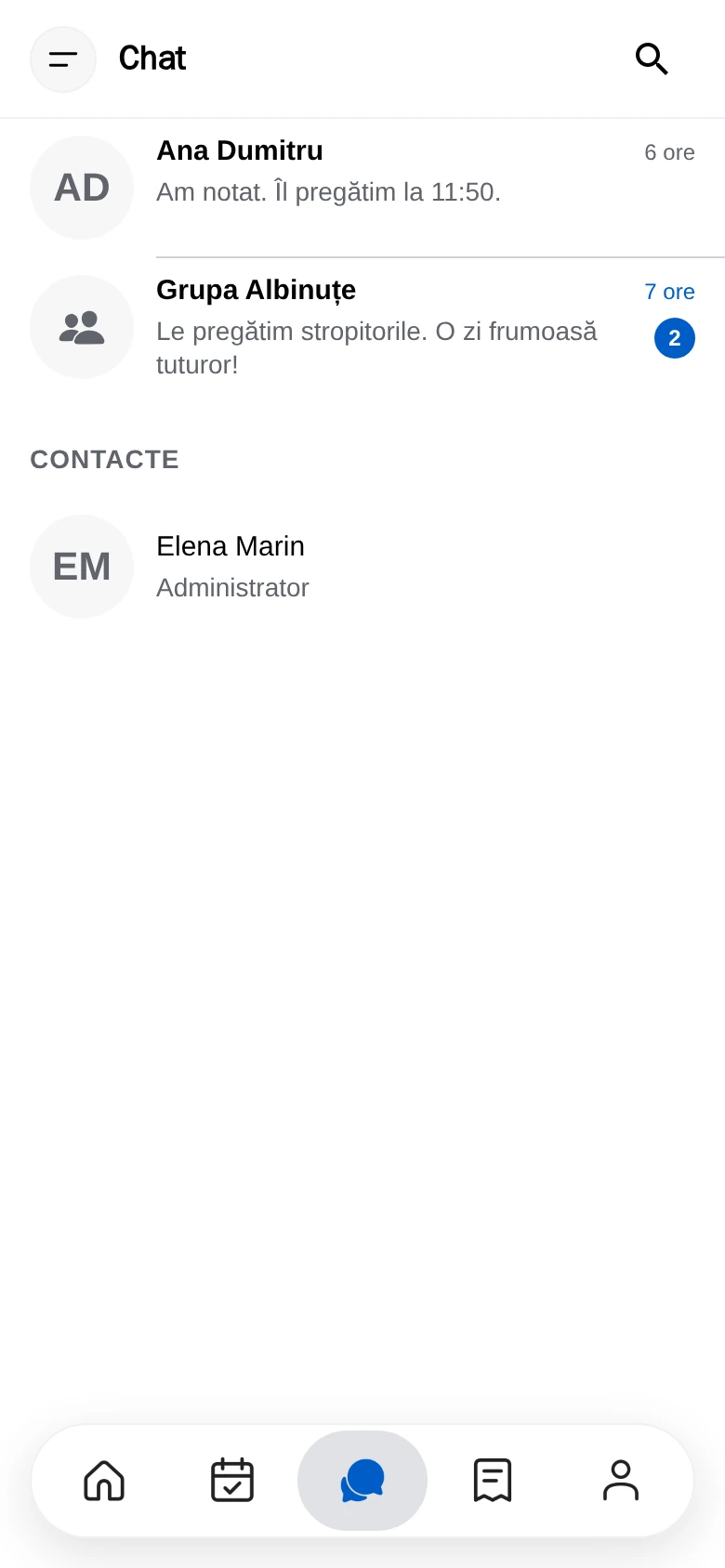 Lista de conversații, cu persoanele cărora le poți scrie