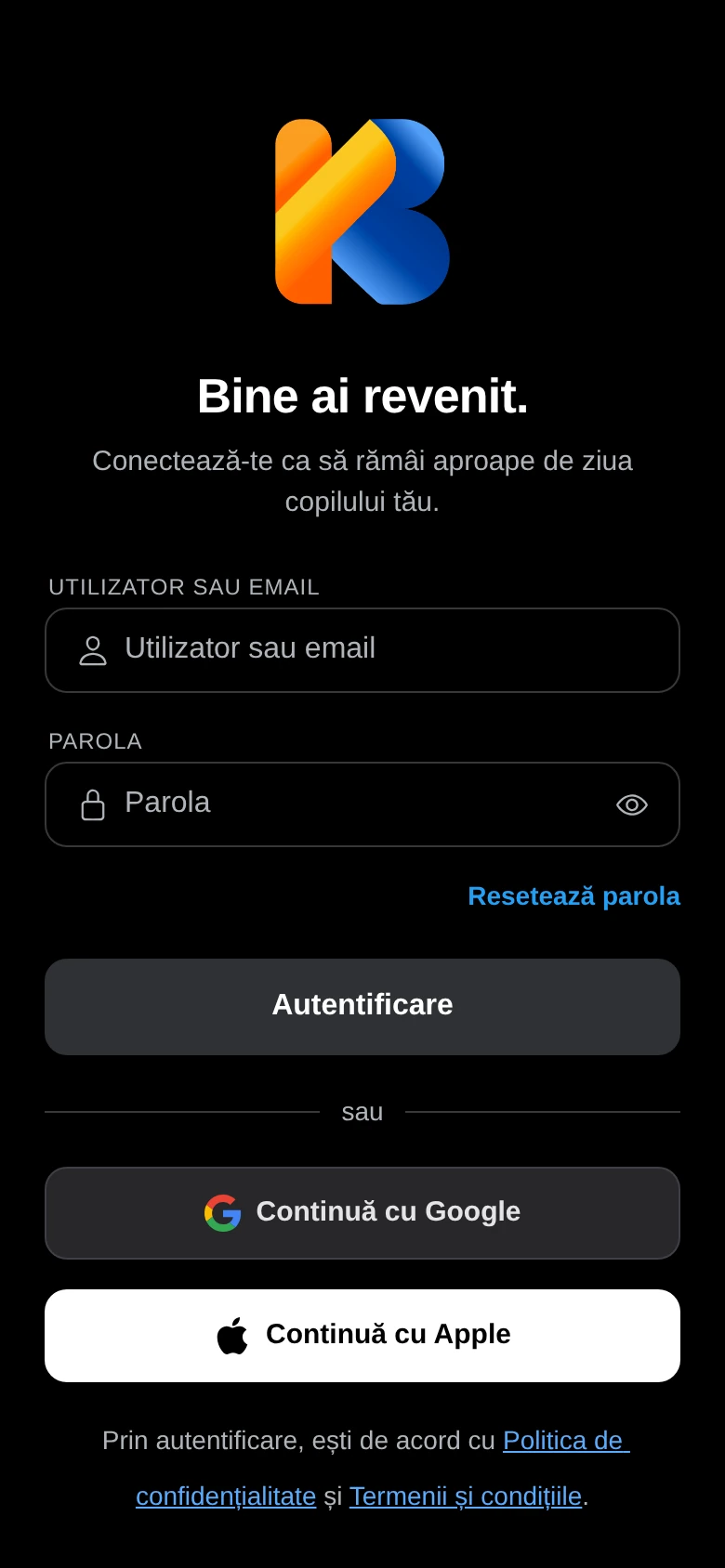 Ecranul de conectare, cu emailul, parola și butoanele Google și Apple