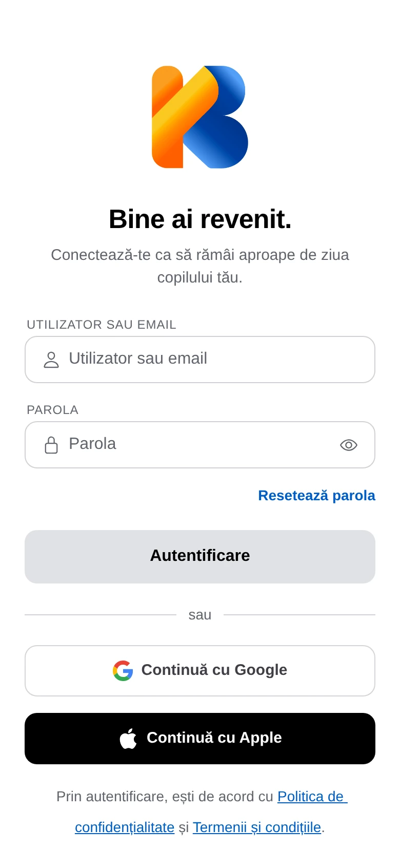 Ecranul de conectare, cu emailul, parola și butoanele Google și Apple