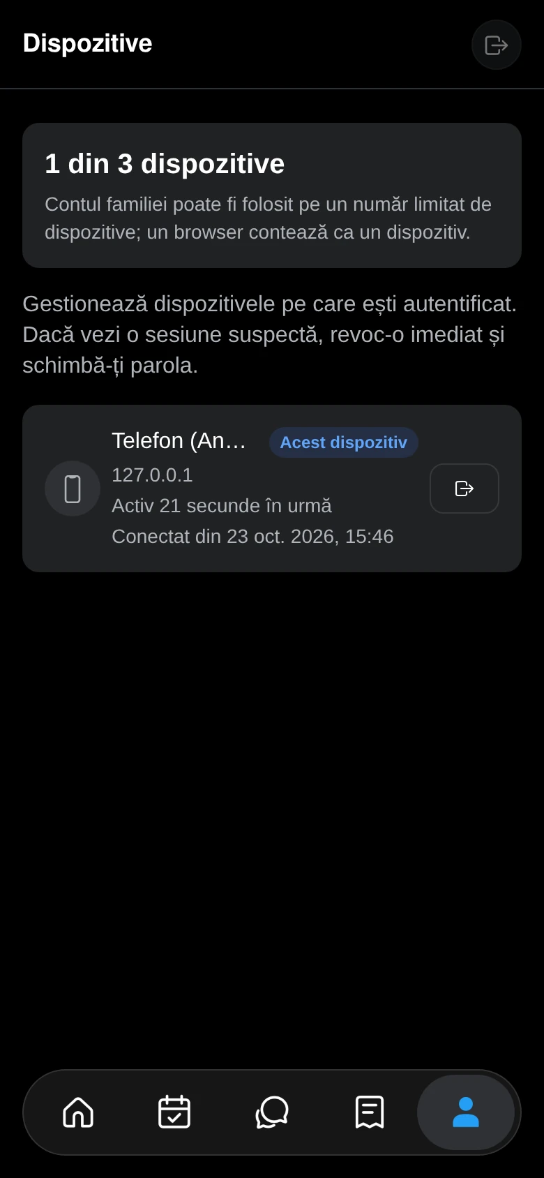 Lista dispozitivelor conectate, cu opțiunile de deconectare