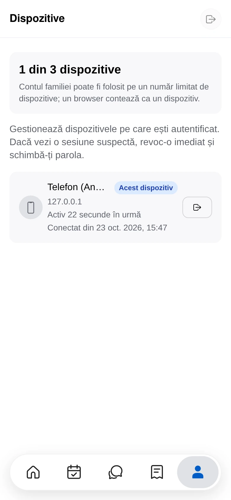 Lista dispozitivelor conectate, cu opțiunile de deconectare