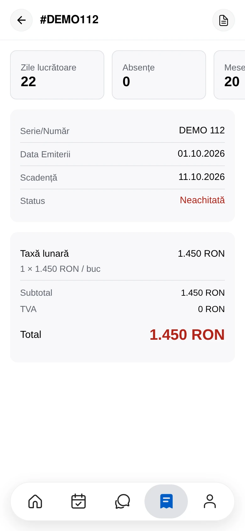 O factură deschisă, cu totalul, plățile și butonul de plată online