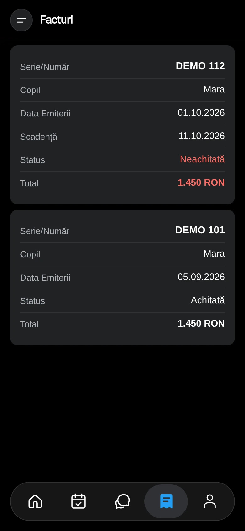 Lista de facturi, cu statusul fiecăreia
