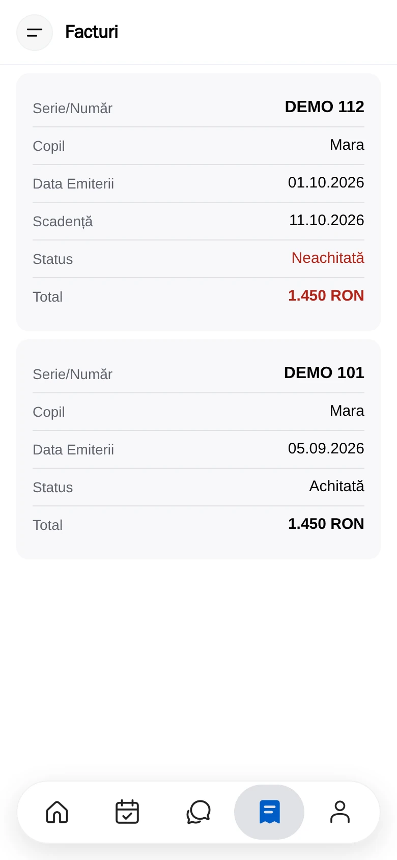 Lista de facturi, cu statusul fiecăreia