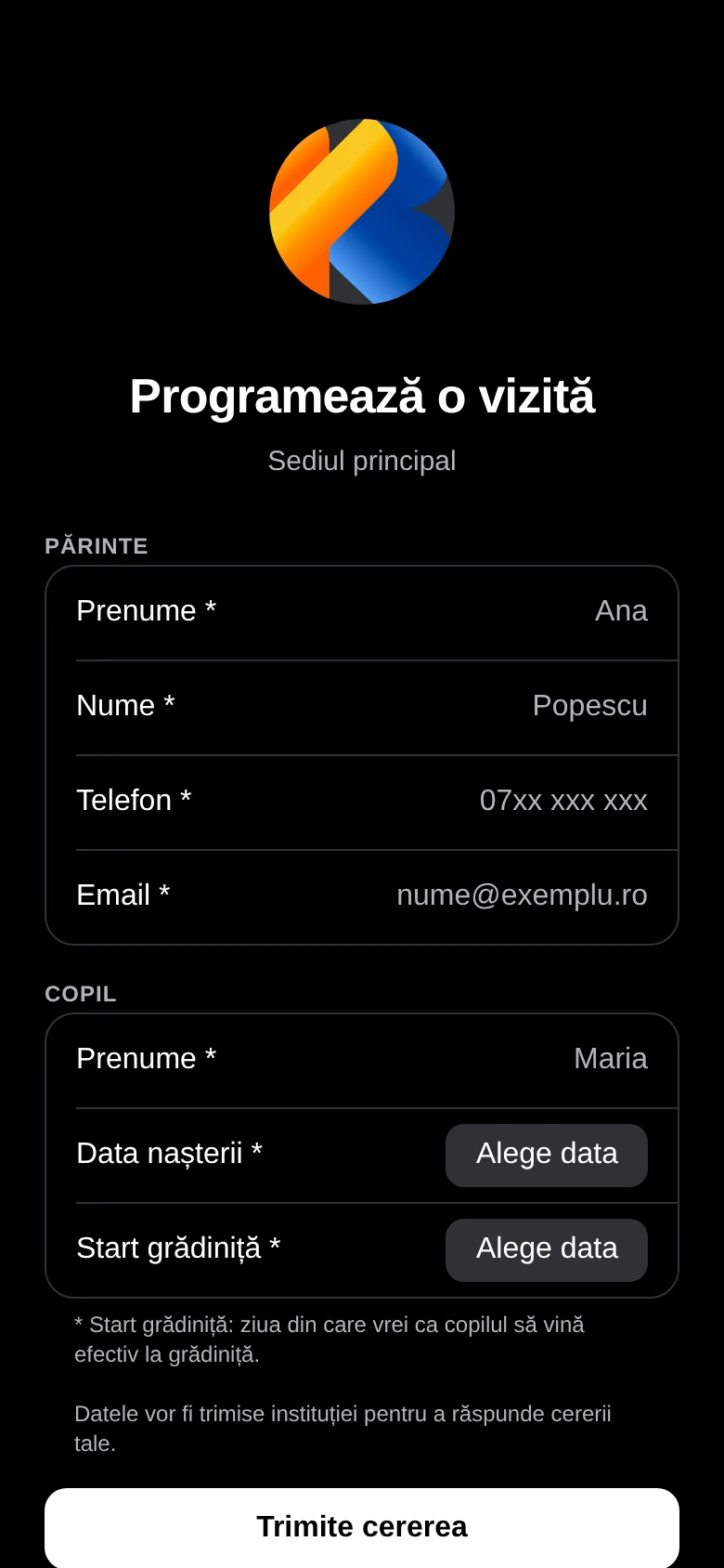 Formularul de înscriere, cu datele părintelui și ale copilului
