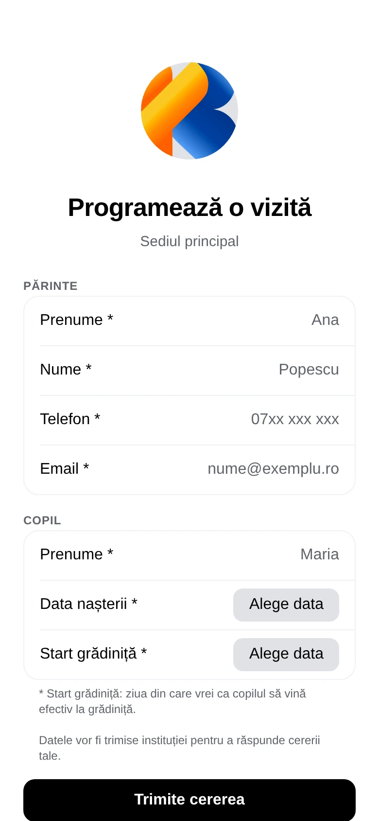 Formularul de înscriere, cu datele părintelui și ale copilului