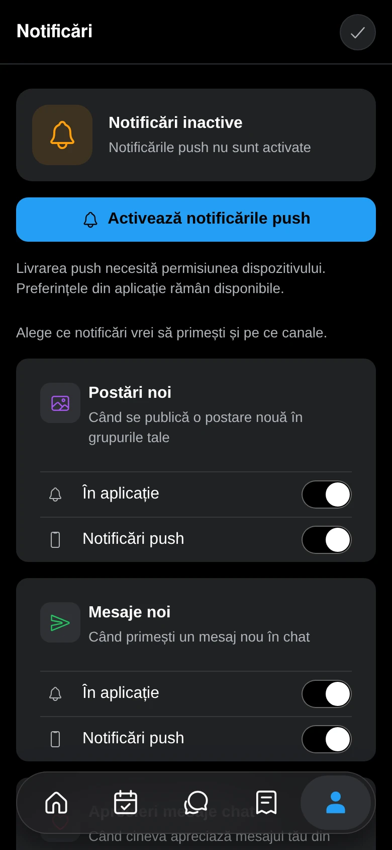 Setările de notificări, cu tipurile de notificări și canalele lor
