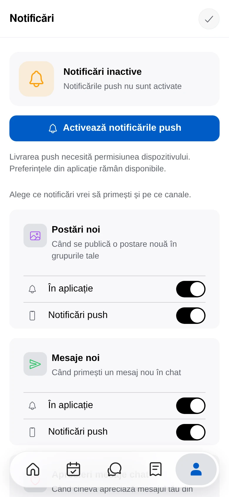Setările de notificări, cu tipurile de notificări și canalele lor