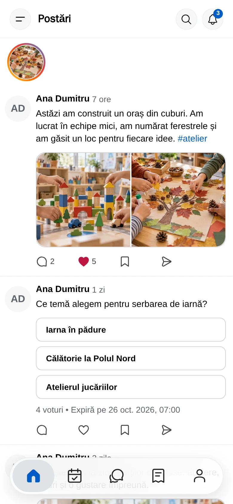 Fila Postări, cu story-urile sus și postările grupei dedesubt